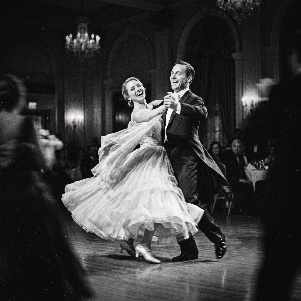 Joyful couple dancing together in classic black and white ballroom wedding photography