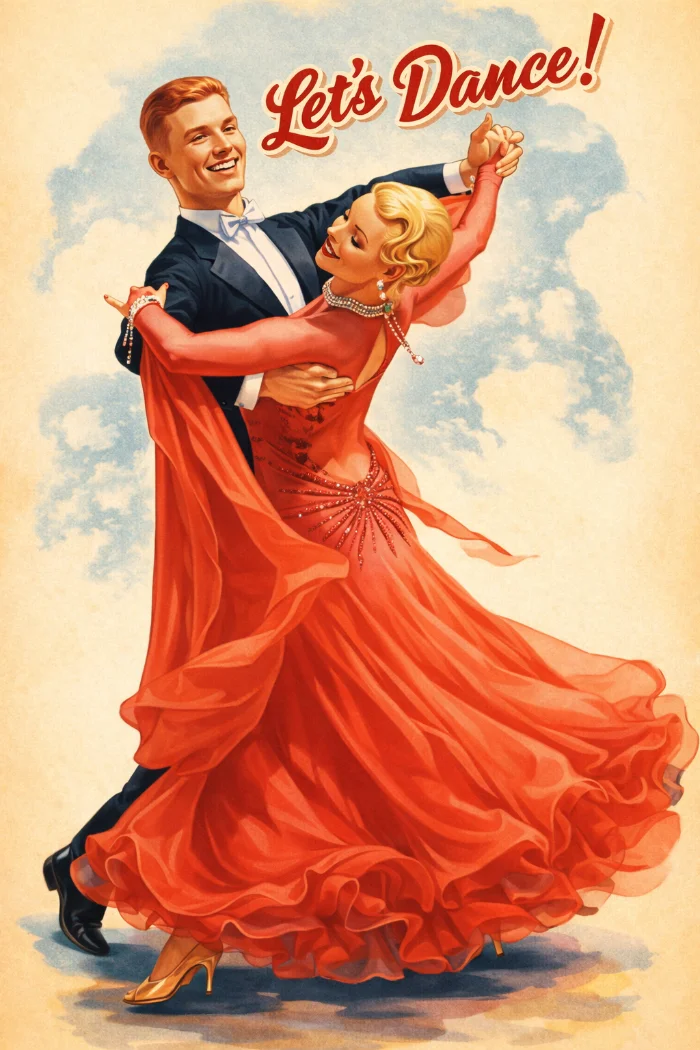 Vintage-style illustration of a ballroom dancing couple