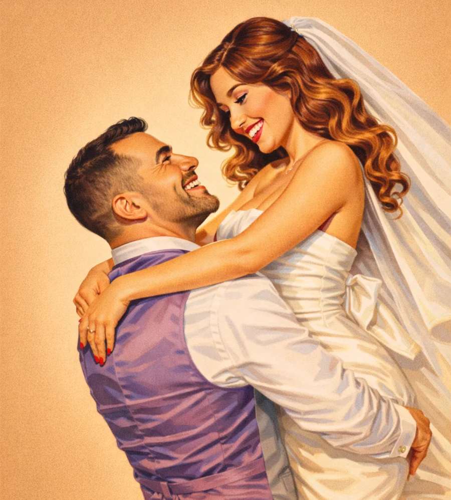 Vintage-style wedding couple dancing illustration
